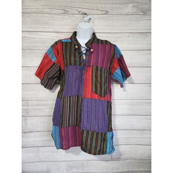 Shop holic fashion medium patchwork short sleeve 100% cotton blouse 3.6058 - Picture 1 of 6